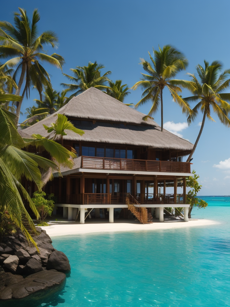 Over water villa in the maledives with the sun shining and some palms, Vibrant and rich colors, blue skies and azure oceans, photorealistic, contrast light, deep colors, Incredibly high detailed