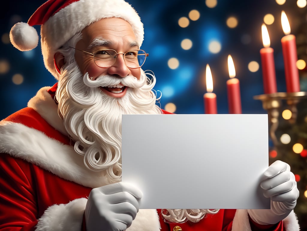 Portrait of Santa Claus smiling, White Background, holding a white business card, whimsical facial expression, flowing white beard, jolly caricature, saturated colors, red outfit, sharp focus, portrait photography, depth of field, dramatic candlelit lighting, incredibly high detailed, blue background, blurred background,