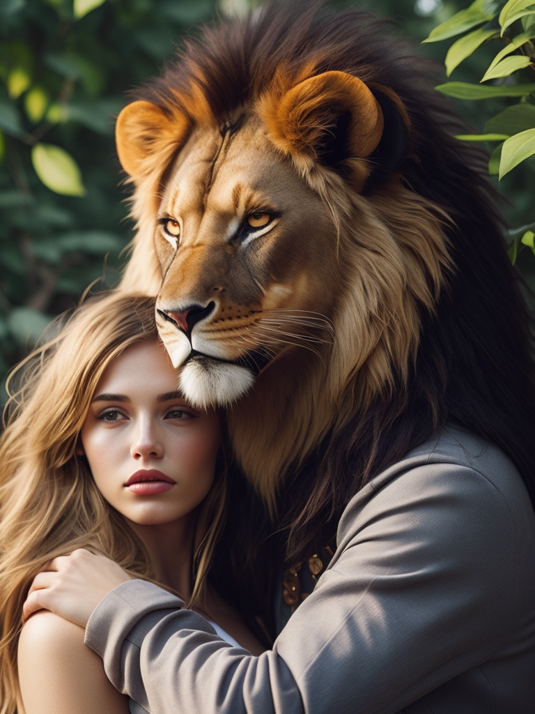 close-up, Photo of a (((wild lion))) and a (((beautiful girl))) embracing him, long gorgeous hair, looking into the camera, expressive piercing gaze, detailed face, photorealistic, sunlight through the foliage, concept art, digital photography, complex, elegant, highly detailed, highly detailed face, Photography, unreal engine, octane render, perfect composition, hyperrealistic, super detailed, highly detailed texture of clothing, full-length, digital photo, unreal engine, blender art by Oleg Oprisco, By Flora Borthy,cinematic, high quality photo art, professional art photography