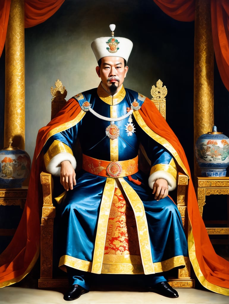 An 18th century painting of a vietnamese emperor sitting down, wearing european clothing and an asian imperial crown