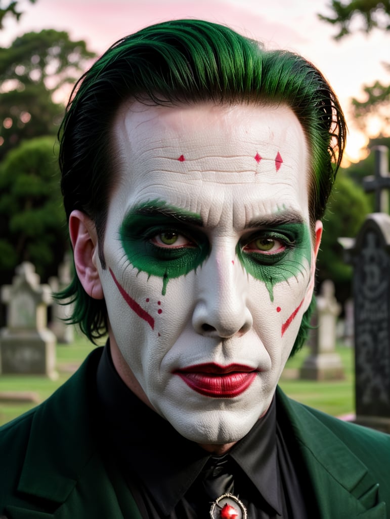 Marilyn Manson in a joker costume for Halloween, scary makeup on his face, dark atmosphere, vintage style, green and pink colors, highly detailed photo, professional photo, against the backdrop of an old creepy cemetery, contrasting light, bright colors