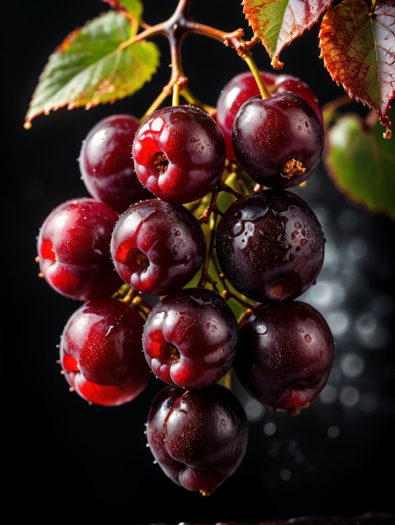 hanging bunch of red grapes half covered in melted chocolate. black background, dramatic lighting