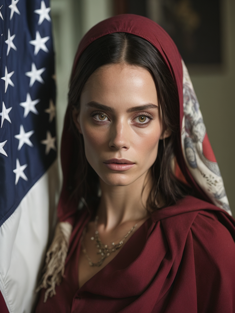 bandera de aspas de borgoña, adelante de la bandera está isabel la católica abrazando y cuidando con una mirada tierna a los indios americanos