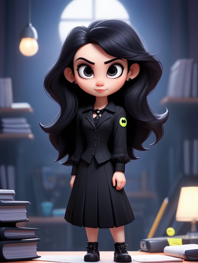 A chibi office bat worker, cute goth clothes