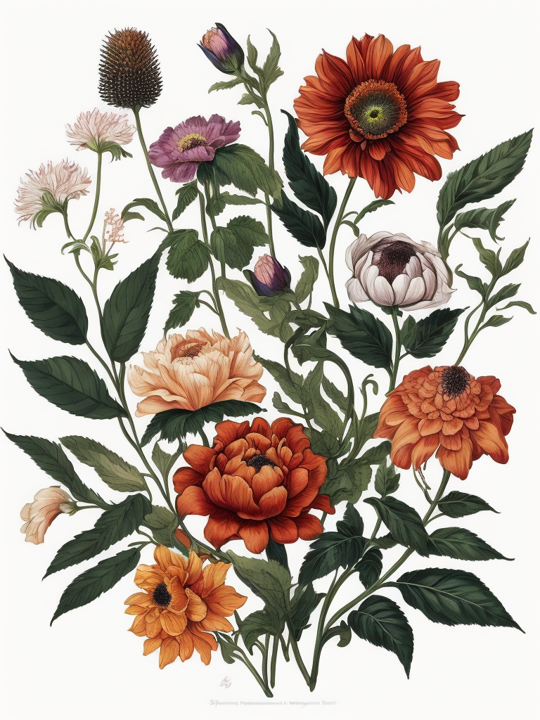 different types of psychedelic flowers, botanical illustration, white background, style of Pierre-Joseph Redoute