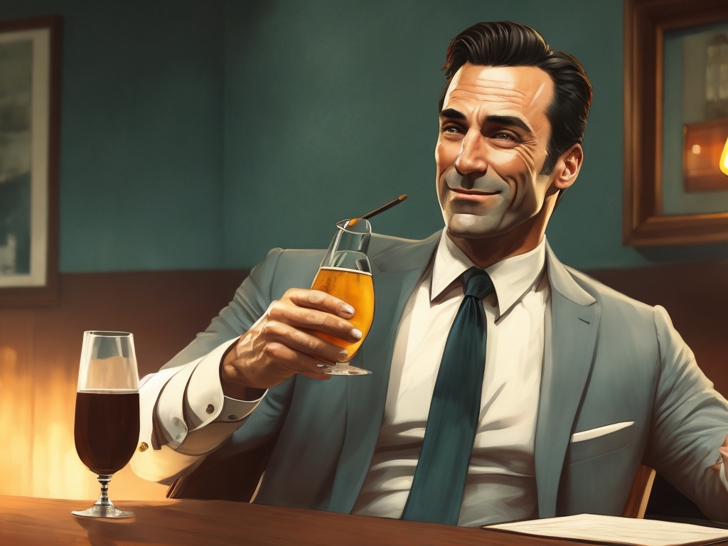 Jon Hamm as Don Draper down on his luck drinking scotch in a sleazy bar