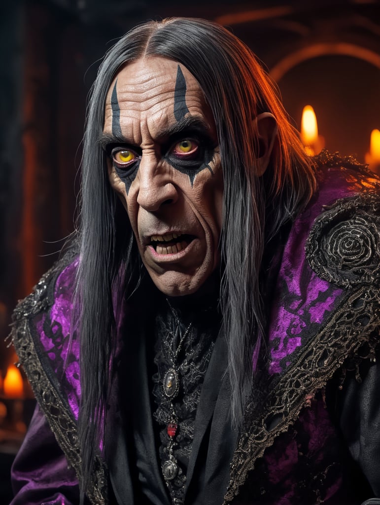 Iggy Pop as a creepy evil character wearing spooky Halloween costume, Vivid saturated colors, Contrast color