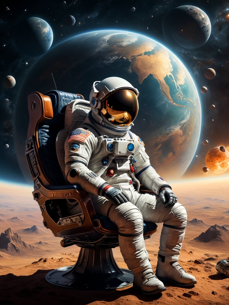 Créez une œuvre typographique d'un astronaute se relaxant dans un fauteuil spatial, admirant l'horizon de l'espace. Utilisez des caractères typographiques pour représenter l'astronaute, le fauteuil et l'horizon. L'astronaute doit être détendu, le casque à côté de lui, regardant l'espace. Le fauteuil doit être confortablement identifiable. L'horizon spatial doit montrer des étoiles et l'univers. Utilisez divers caractères, polices et espacements pour créer des ombres, des dégradés et des textures. L'image doit évoquer la quiétude de l'espace et l'admiration de l'univers. Résolution 4K minimum.