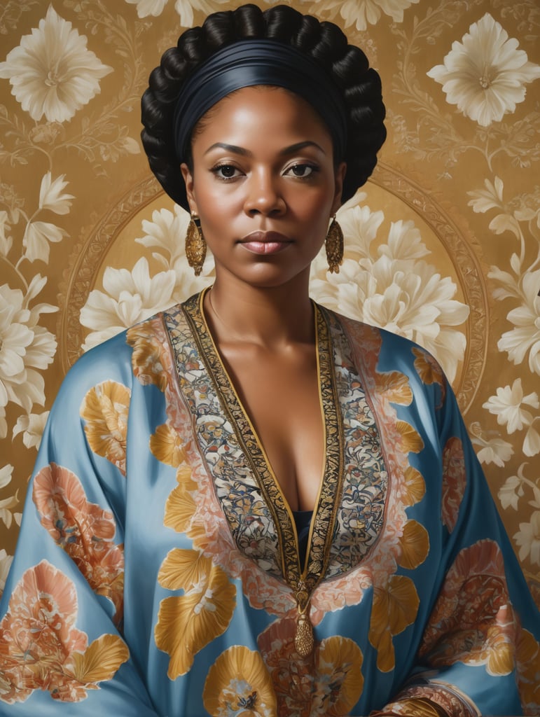 Portrait of a black woman wearing a kaftan with a pattern, Painting, Oil, Portrait, style of Kehinde Wiley