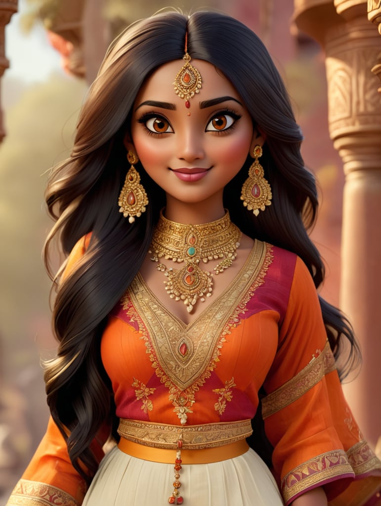 3D cartoon Disney character portrait render. A stunning Indian beauty, adorned in traditional Selvaar Kameej clothes, which accentuate her hourglass figure and graceful movements. Her long, black hair cascades down her back in gentle waves, framing her flawless, warm-toned complexion. Her piercing dark eyes seem to hold a world of wisdom and beauty, captivating the viewer instantly. She wears a sleeveless, off-white blouse with intricate embroidery at the neckline and cuffs, complemented by a pair of flowy, ankle-length pants in a rich shade of burgundy. The pants are fashioned from fine, silky material and feature intricate gold embroidery running along the hem, drawing attention to her slender legs. A thin gold belt accentuates her narrow waist, further enhancing her feminine figure. Around her head, she wears a bright orange and gold stole, draped artfully over her shoulders and cascading down her back. Jewelry adorns her ears, neck, wrists, and fingers, with a large, intricately designed gold pendant hang