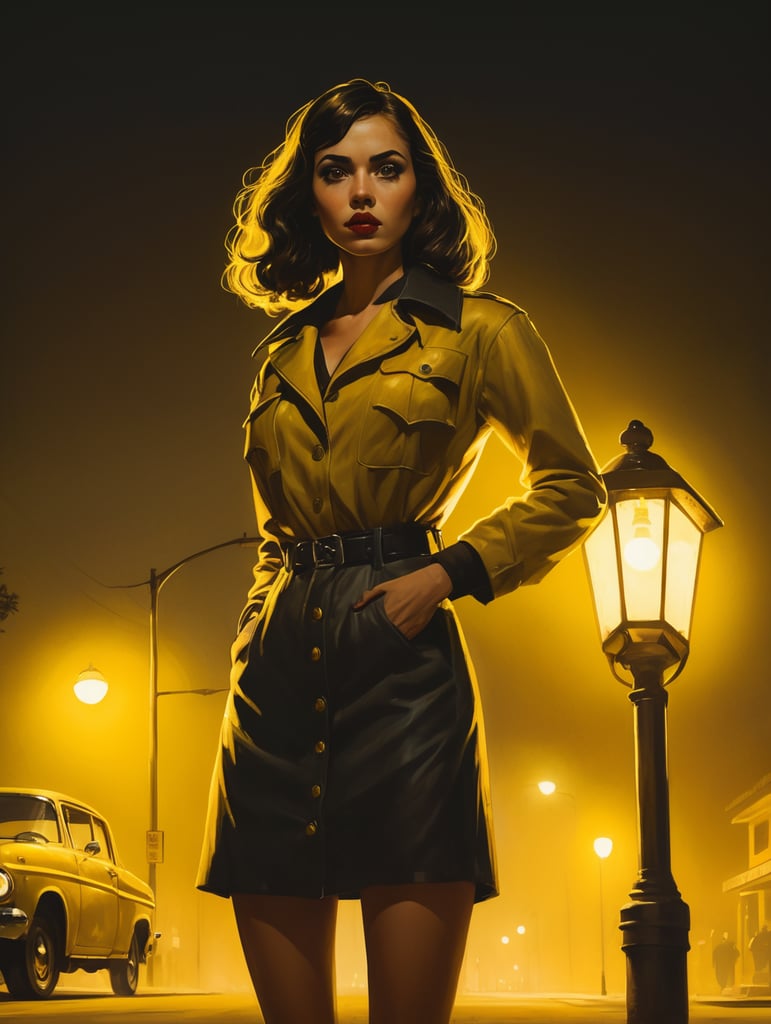 late night call girl standing under a streetlight, gritty, pulp comics style, yellow ambient light. Killer waiting in the shadows
