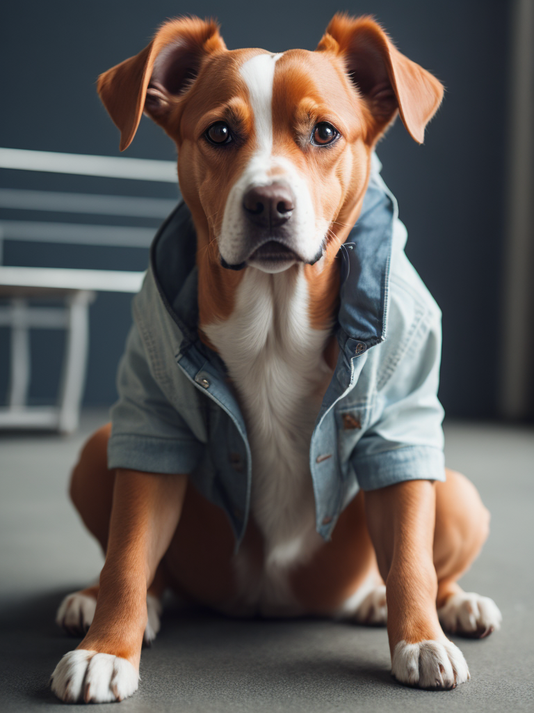 собака рыжая с белым черный нос стоит на задних лапах в джинсовом пиджаке бейсболке