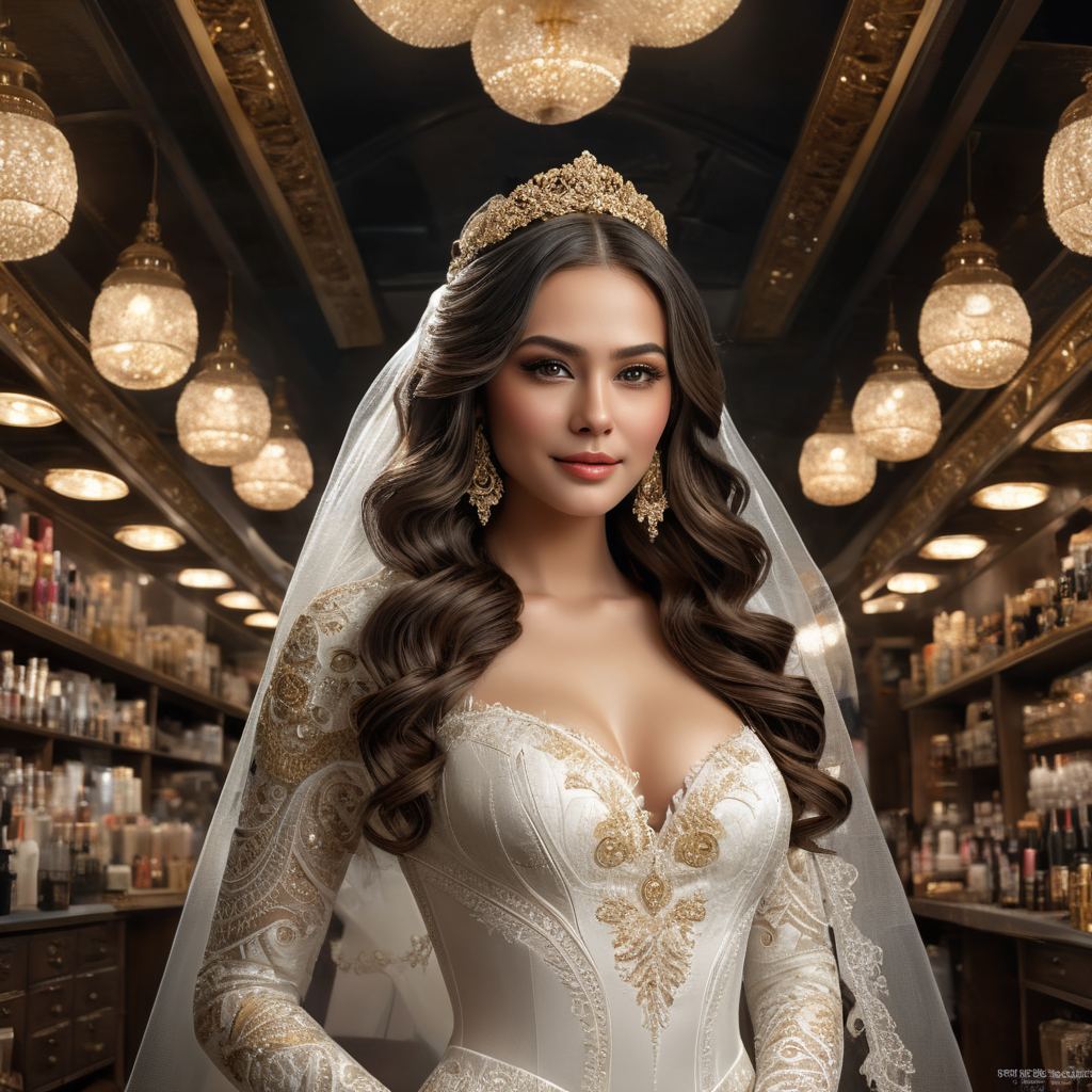 a full image wide Angel of a beautiful bride is standing happy in a dark hair shop surrounded by the hair styler employee, 16k, the pride is wearing white elegant covering toll dress, full makeup, cinematic, hyper detailed, spotlights, canon photography, black wavy hair , saloon walls are black and gold accent, saloon is vast.