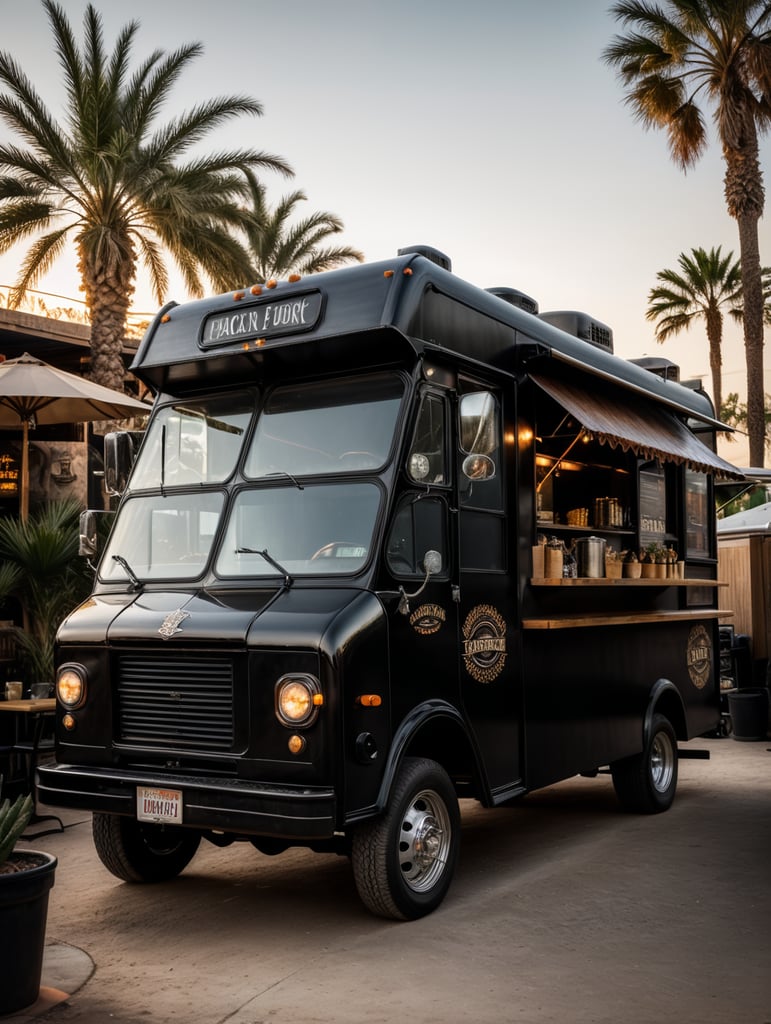 Black vintage food truck in the mexican dessert