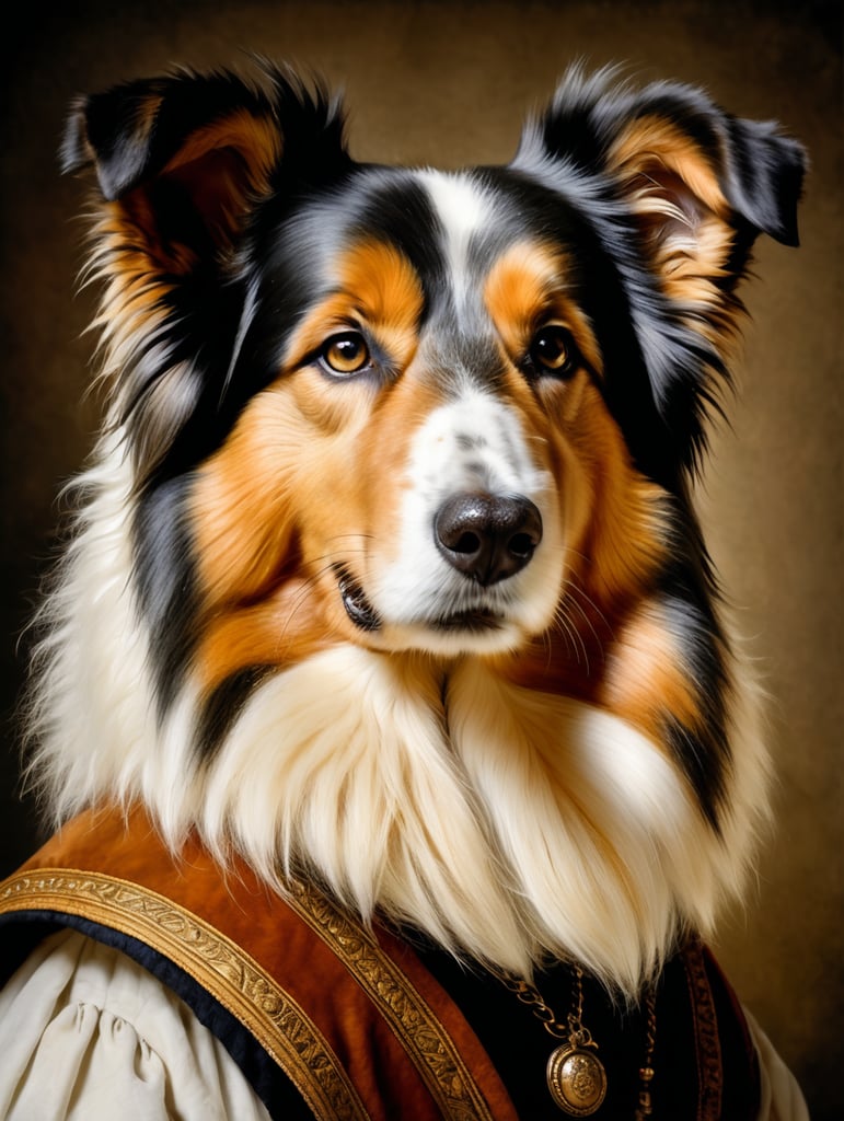 A masterpiece painting by Rembrandt Van Rijn, a Portrait of a Rough Collie the typical clothes of the time, Renaissance painting style, 2 3 view, simple background, waist upwards, highly detailed, high contrast