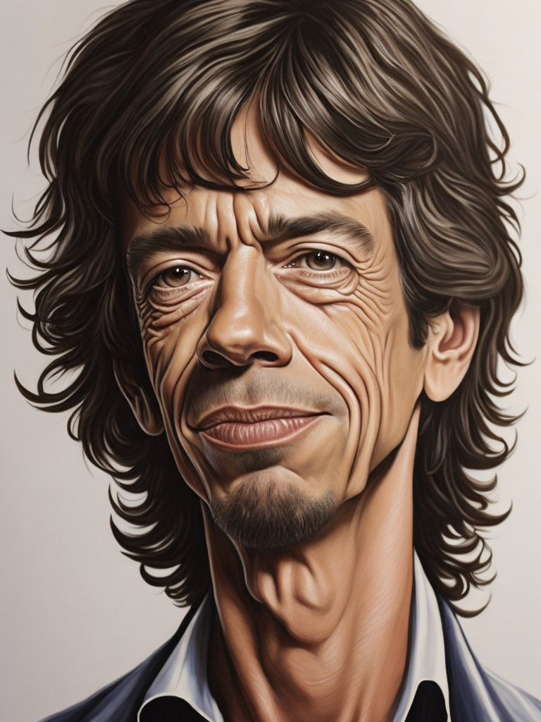 Mick Jagger drawing, in the style of iconic pop culture caricatures, hyperrealistic paintings, john larriva, chris dyer, alberto giacometti, light brown, humorous caricature