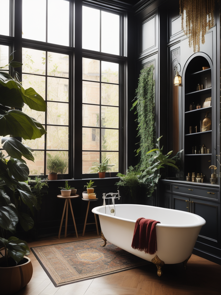 Architectural digest photo of a maximalist bathroom living room with lots of flowers and plants, golden light, award winning masterpiece with incredible details big windows, highly detailed, harper's bazaar art, fashion magazine, sharp focus