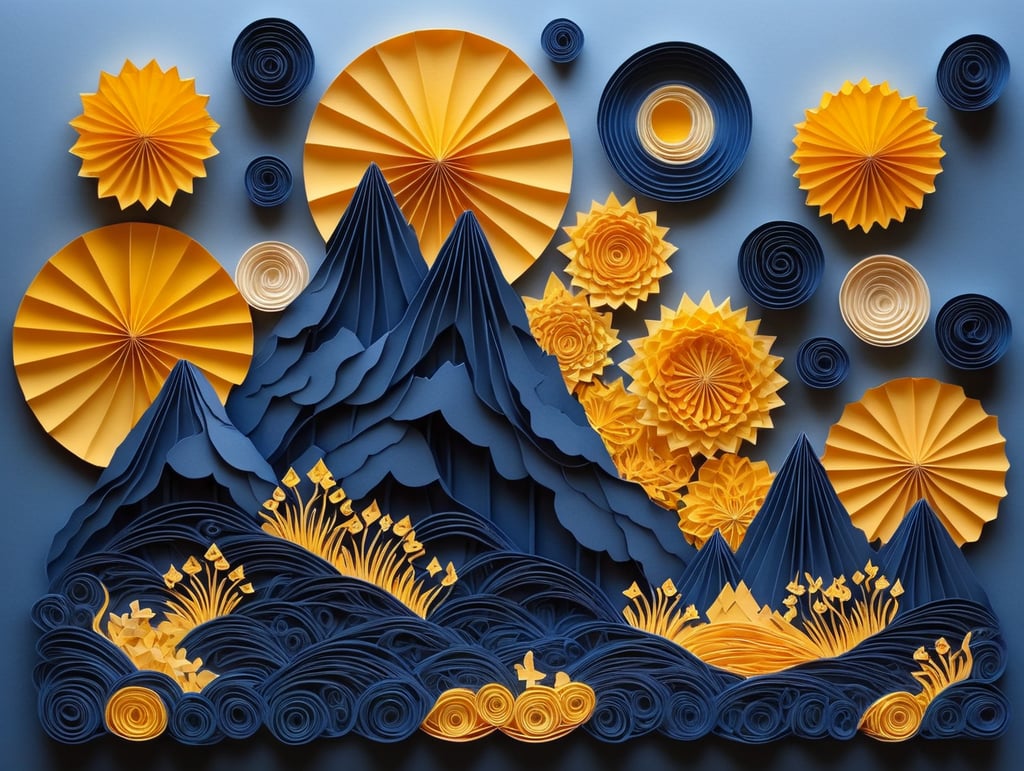 surreal mountain scape with an overall color of blue with bursts of pale yellow