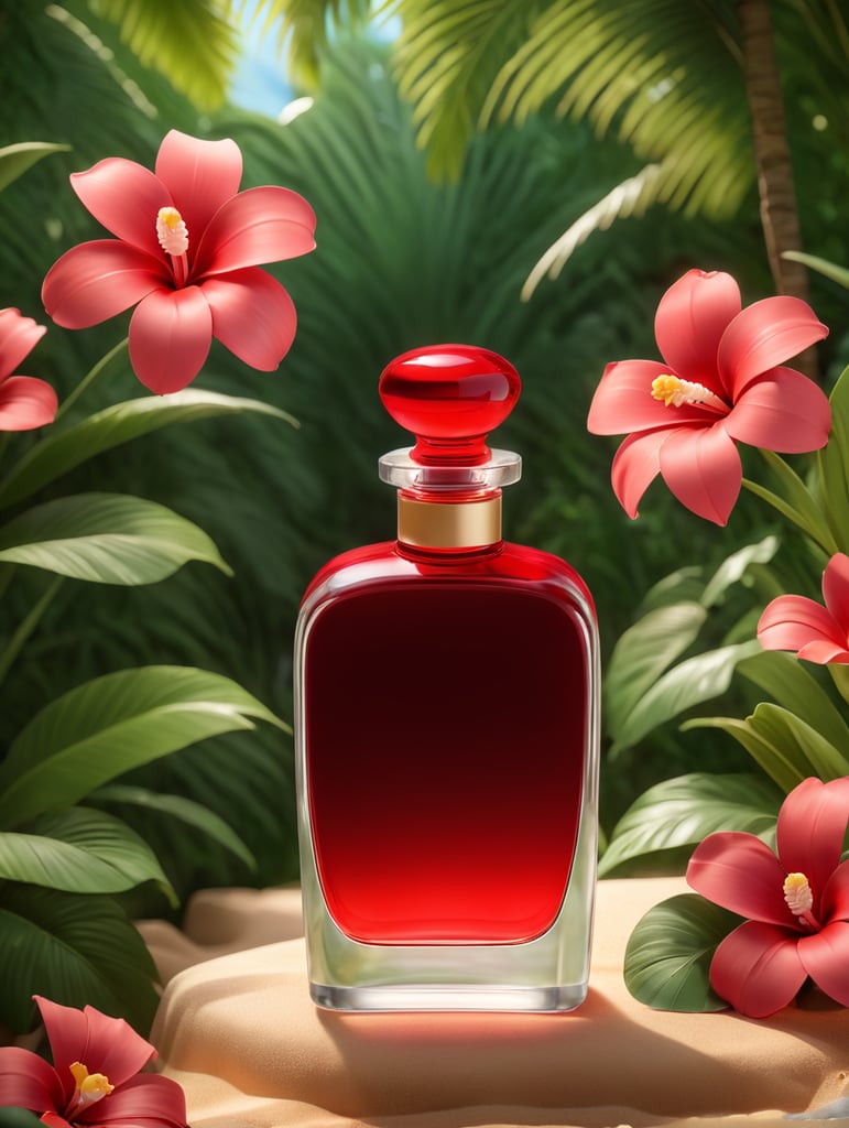 an ad shot of a plain perfume red bottle in a tropical setting with lots of flowers in a summer setting, professionally color graded, award-winning image