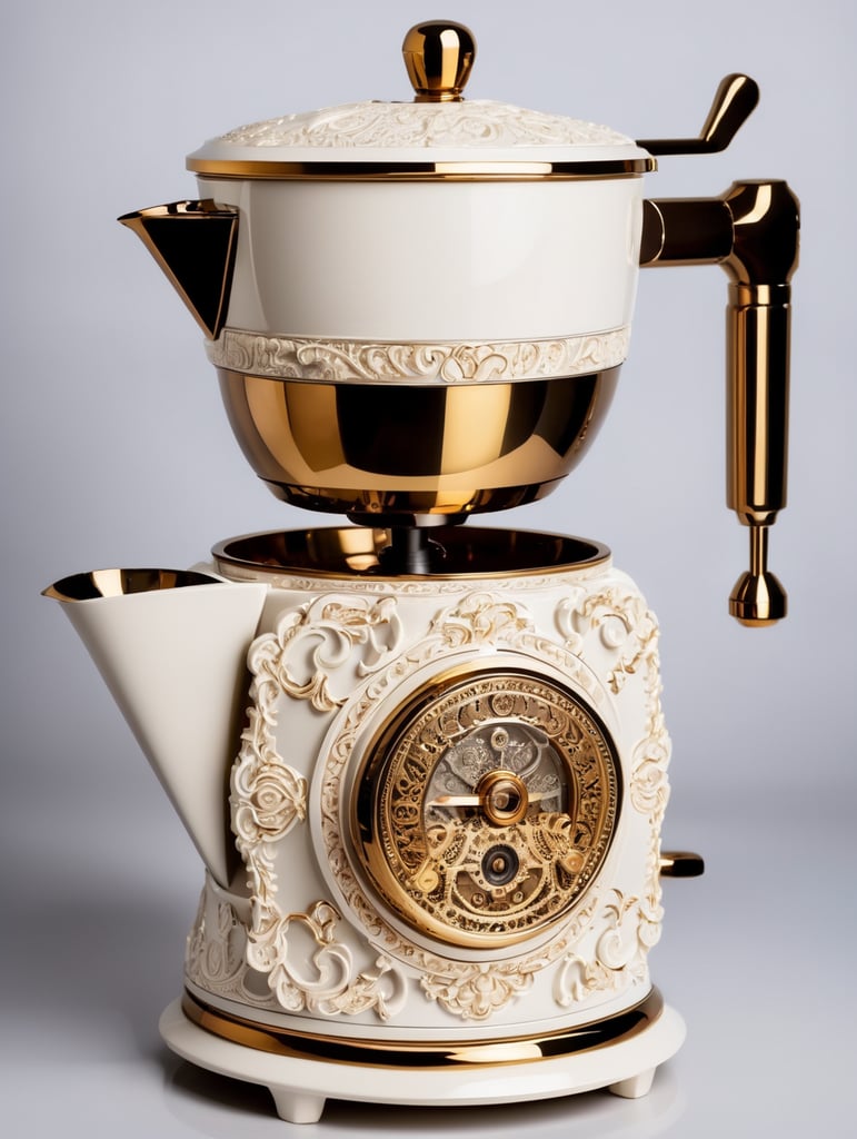 coffee maker made in steampunk style, decorated with gold, carved white plastic, ivory color, deep engraving