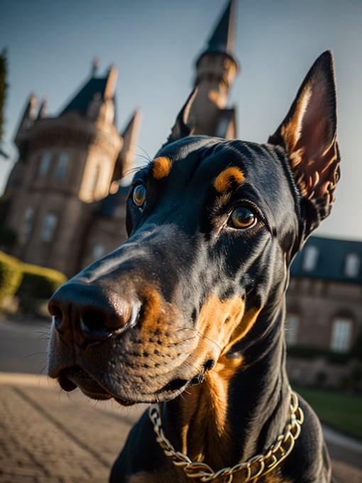 Doberman dog, golden chain, aggresive look, in front of a castle, dramatic Lighting, Depth of field, Incredibly high detailed, deep colors