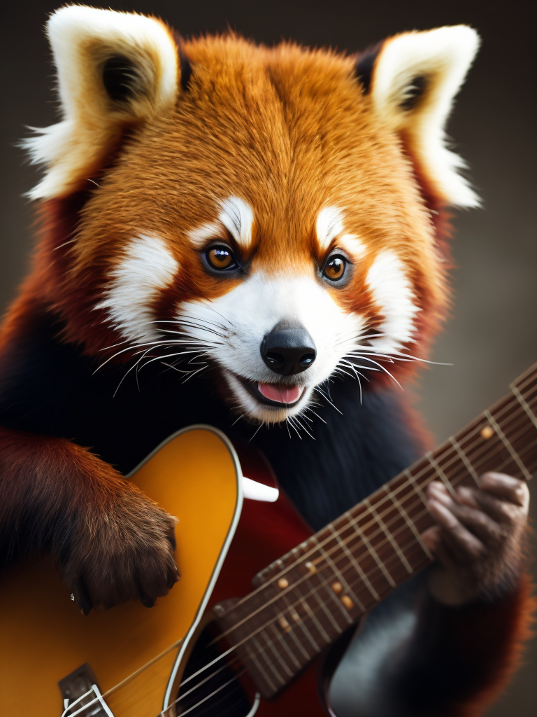 Red panda bear playing guitar, Vivid saturated colors, Contrast light, studio photo, professional photo, Detailed image, detailed face