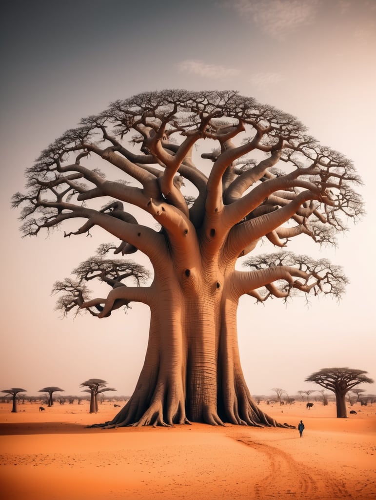 Imagine a mystical giant baobab tree on the Sahara desert with many human long noses.
