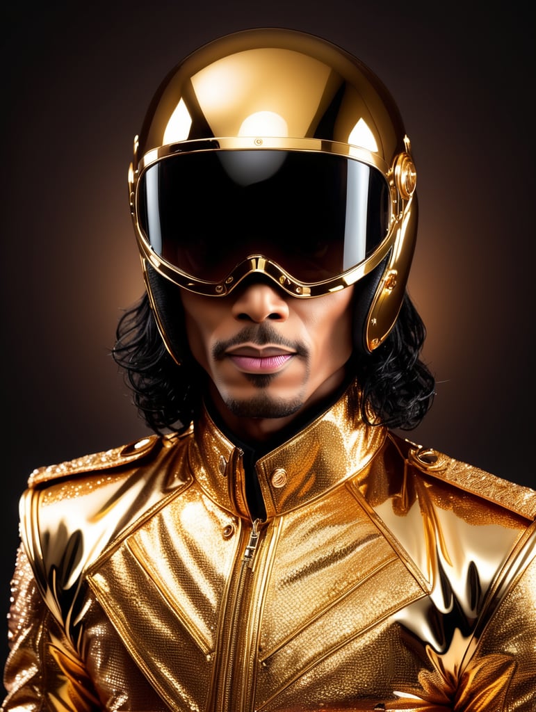 Portrait of Michael Jackson dressed in golden chrome suit, dark gradient background, Vivid saturated colors, Contrast light, studio photo, professional photo, Detailed image, detailed face