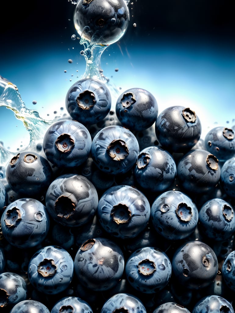 only blueberries everywhere floating, mixed blue liquid, blue background, smoke, sky look, 4k photo-realistic