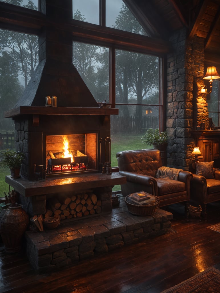 warm cozy nice decor wood house, raining outside window, fireplace inside