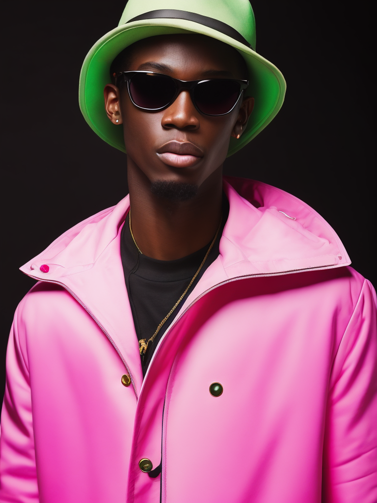 Black male fashion model, Wearing a pink jacket and a green panama hat, large black sunglasses, Black background, Bright and rich colors, bright saturated color, sharp focus,