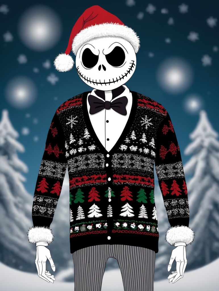 Jack Skellington standing wearing an ugly Christmas sweater