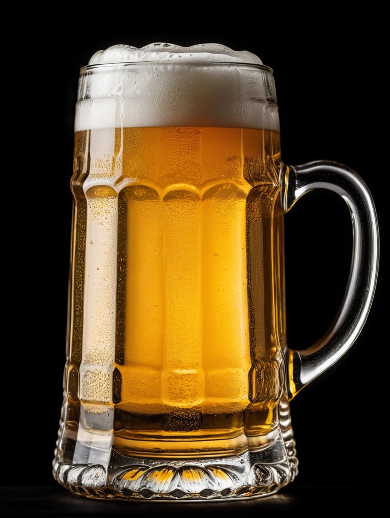 glass beer mug, isolated, black background, professional photo