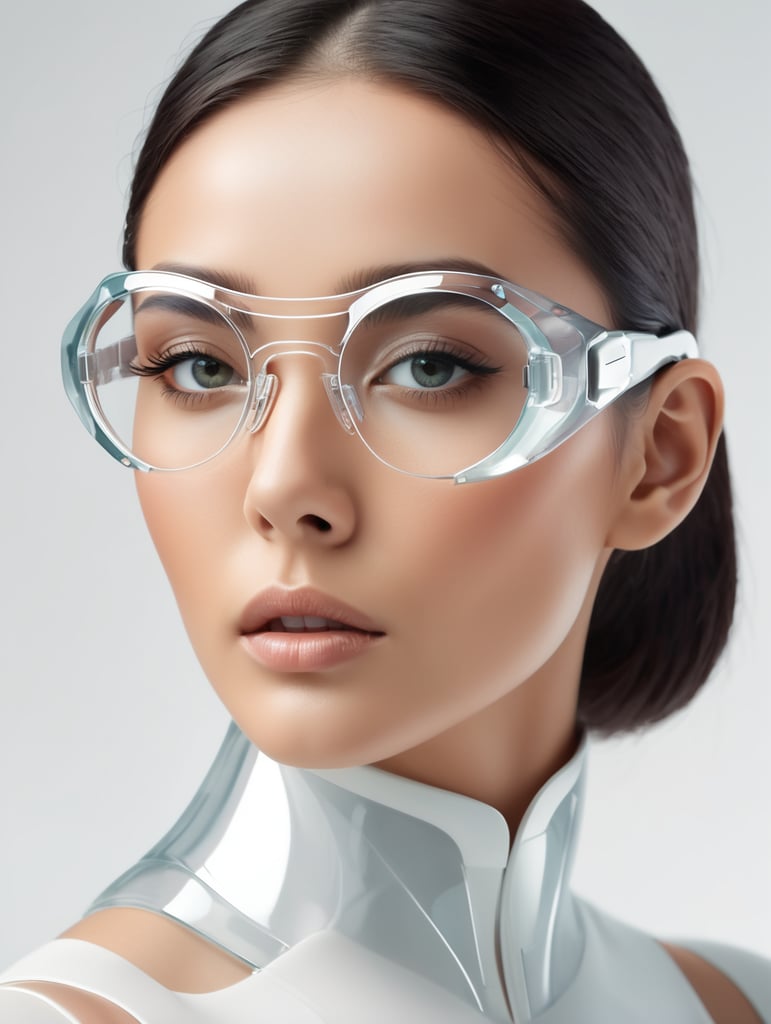 a women model with futuristic glasses, transparent, very smooth and minimal design, white background, studio lightning, inspired by apple