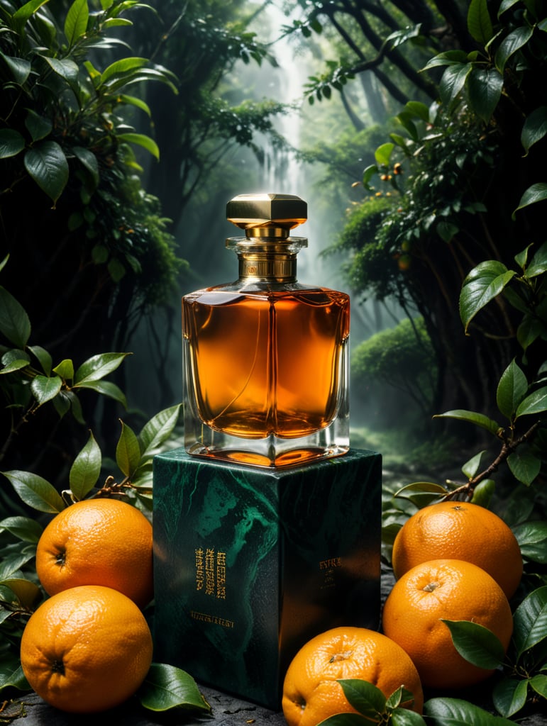 professional photography of a luxury perfume, orange fruits around, orange forest, green satin scarf, no label, clear, mockup