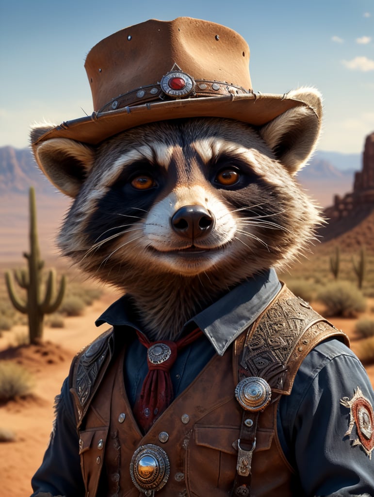 Cheeky racoon. Eye winking. dressed as a cowboy in a desert country and western setting