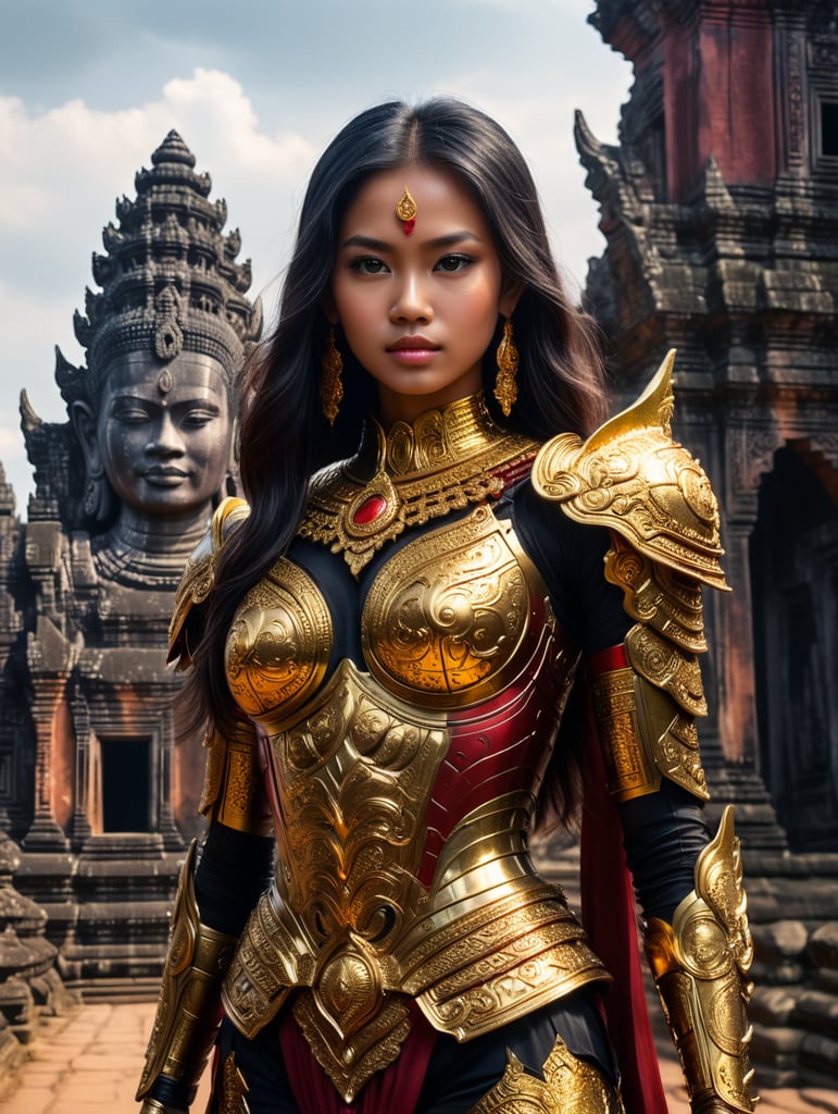 A young beautiful khmer girl in golden armor and black hair against the backdrop of angkor wat temple in siem reap in red-burgundy tones, blurred background, focus on the girl, detailed armor, Dramatic Lighting, Depth of field, Incredibly high detailed