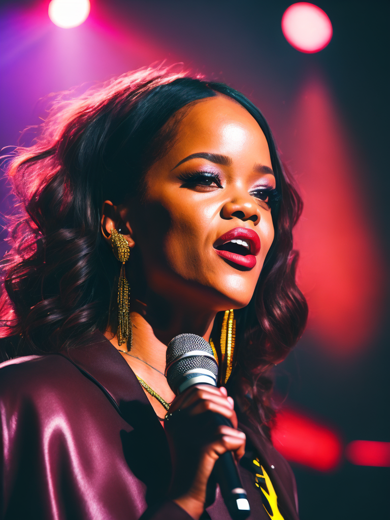 Singer Rihanna sings at a concert, spotlights, bright lights, Vivid saturated colors, Contrast light, professional photo, Detailed image, detailed face,