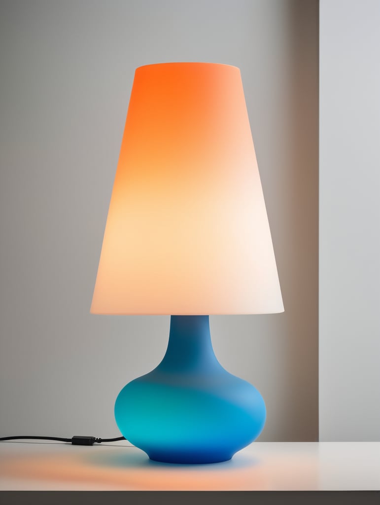 A contemporary minimalist semi-translucent silicone lamp with vibrant cyan blue and orange gradient colors as if designed by hi studio.