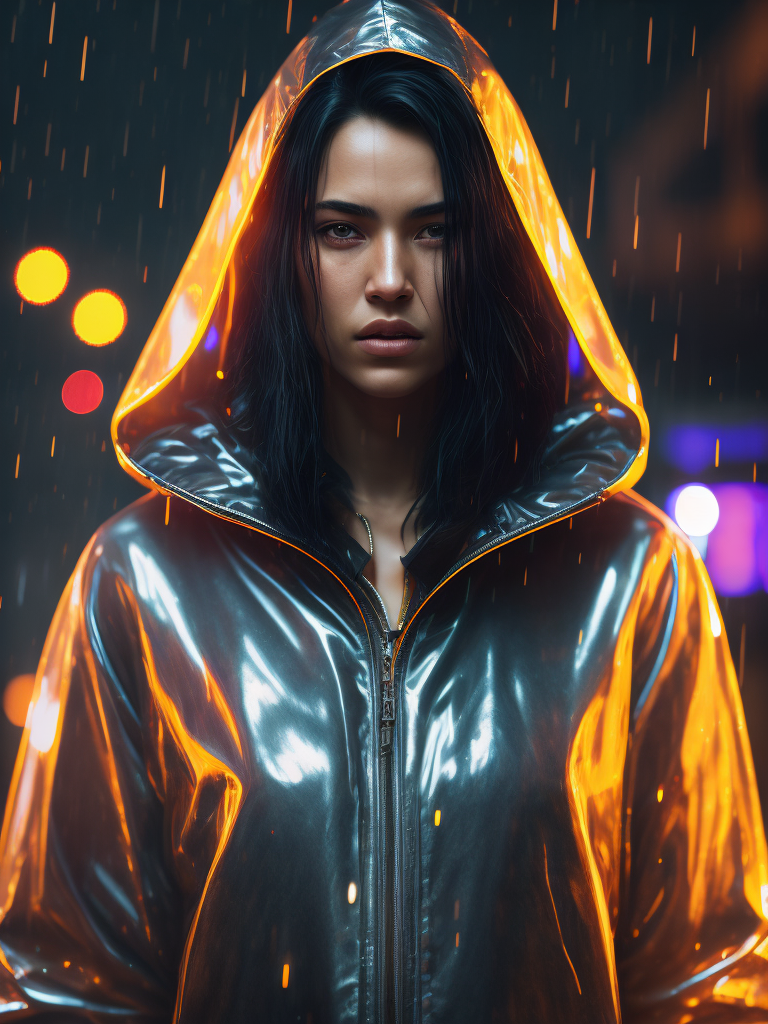 a women wearing ((transparent raincoat)), under the rain, ultra realistic, neon lights