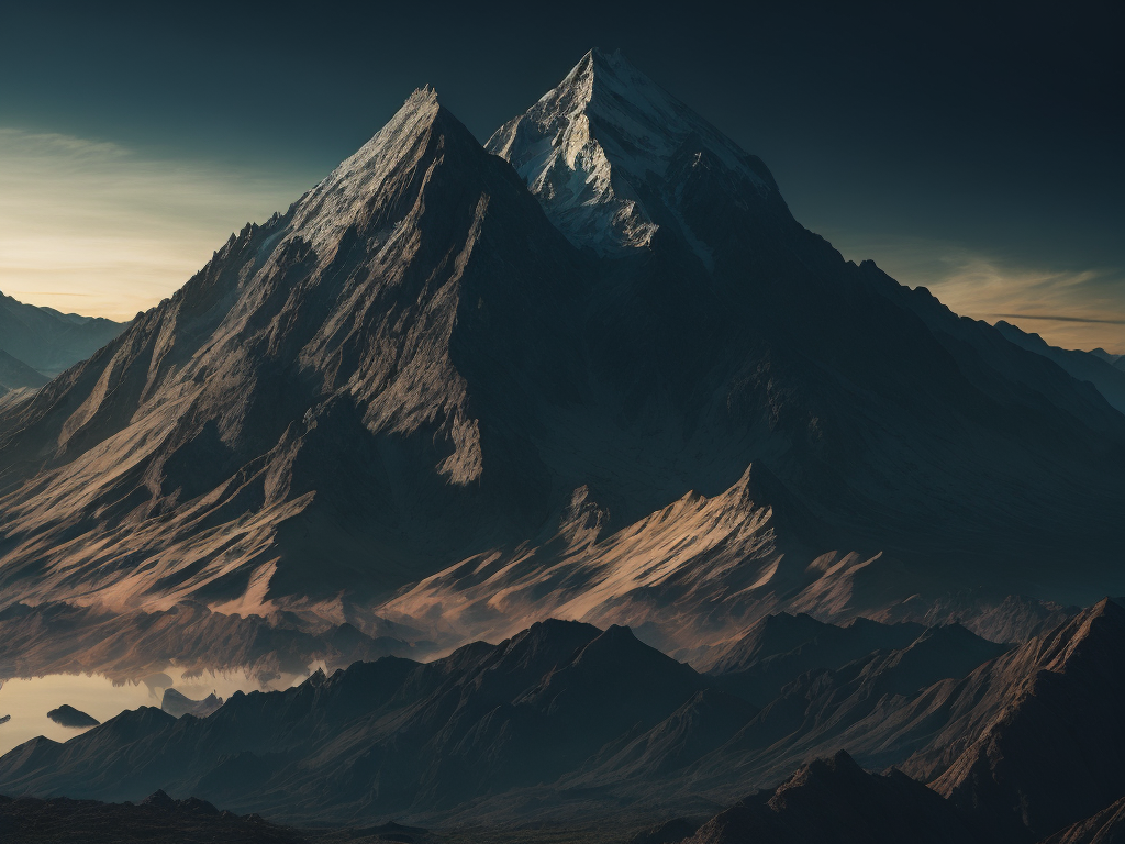 silver futuristic mountain with yellow sky and blue moon, art style, science fiction background