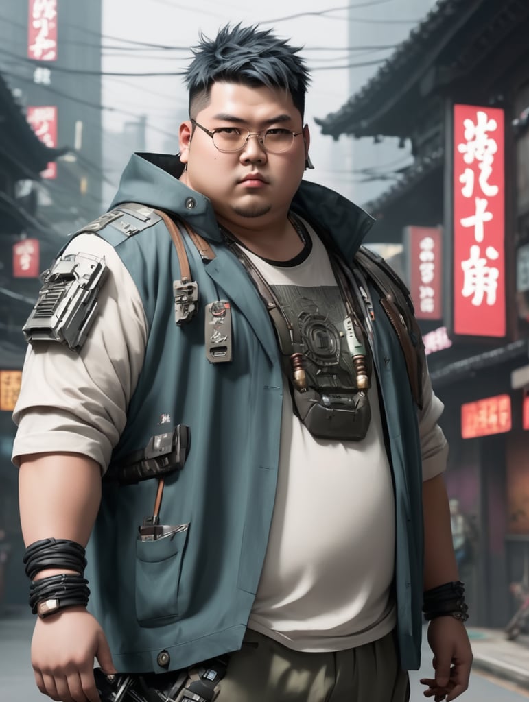 Young male, cyberpunk theme, japanese decent, chubby