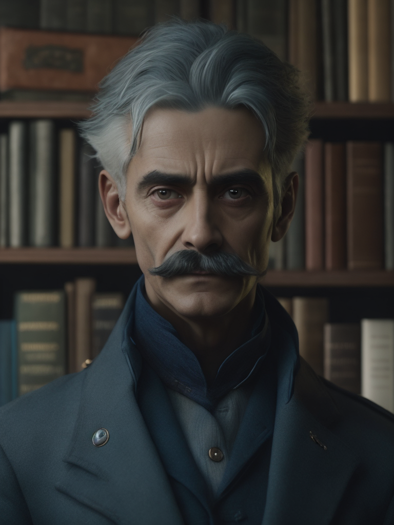 Lovecraftian portrait of a 1920s police detective, gray haired english moustache, bookshelves wide shot, artstation, concept art, illustration, ilya kuvshinov, vintage