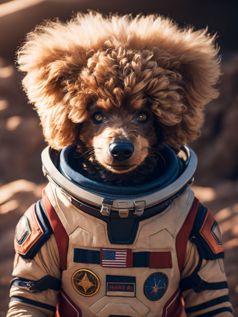 A curly poodle like a Rocket Raccoon from Guardians of the Galaxy wearing astronaut costume on the Mars