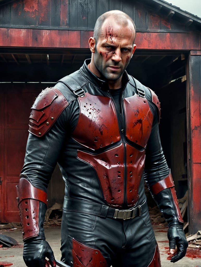 Jason Statham in a bloody leather face outfit with half the mask torn away standing in front of a haunted garage