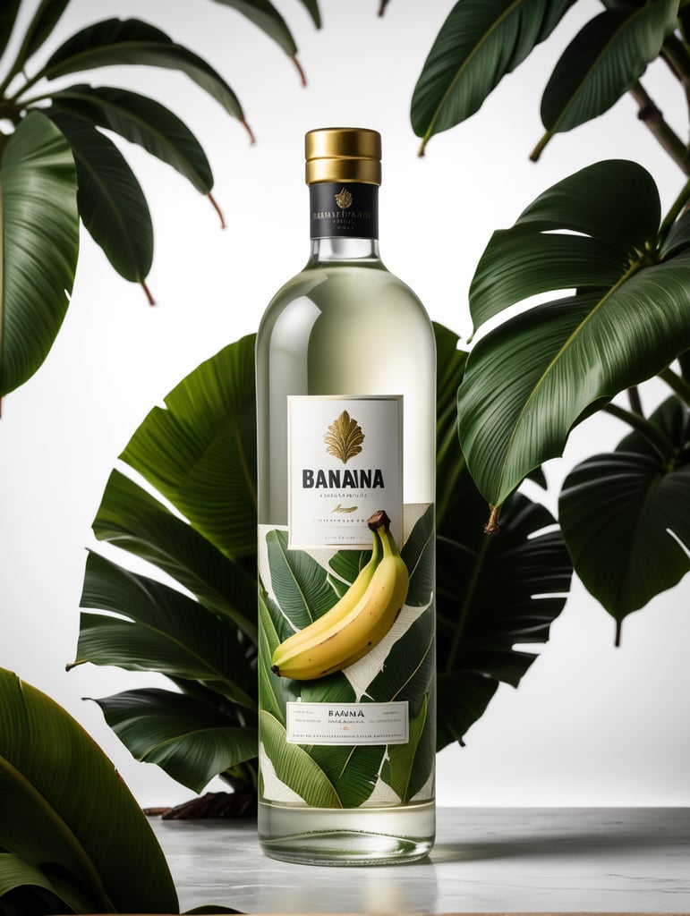 Packaging and branding for a banana vodka brand as if it had been designed by HI ESTUDIO with In a set design with banana, banana leaves.