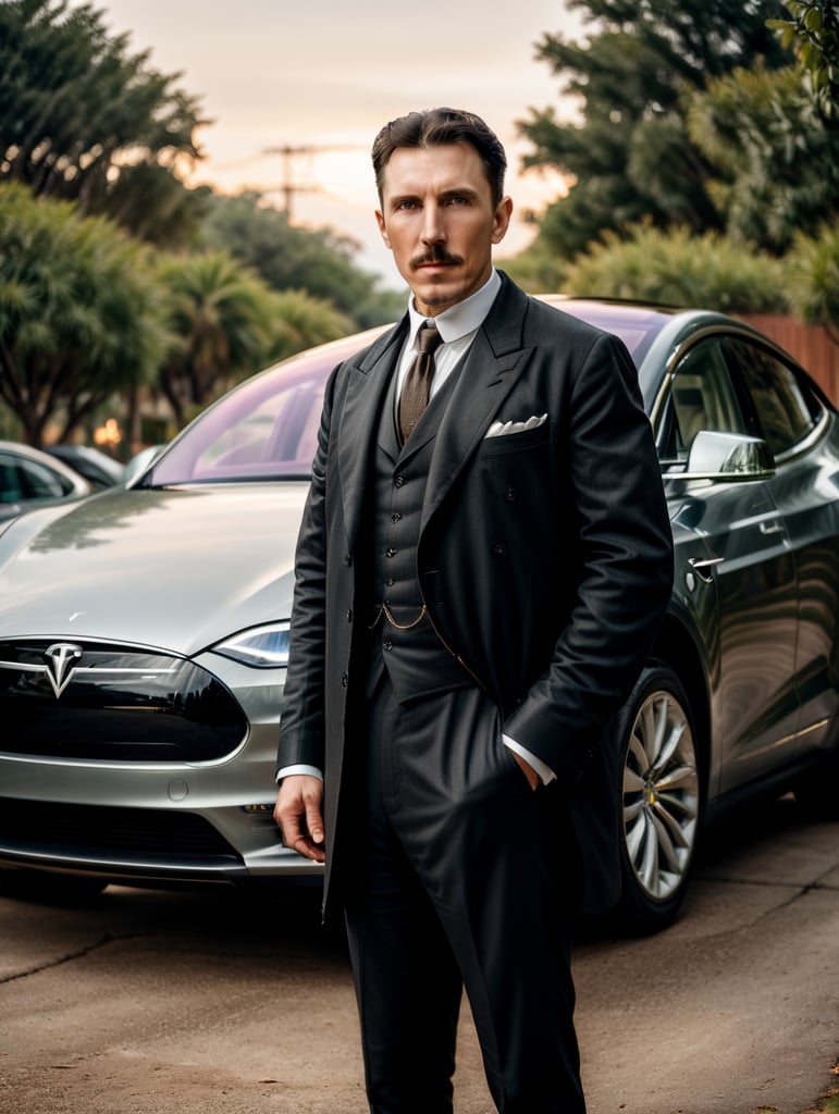Nikola Tesla looks directly into the camera, with a Tesla car standing behind him.