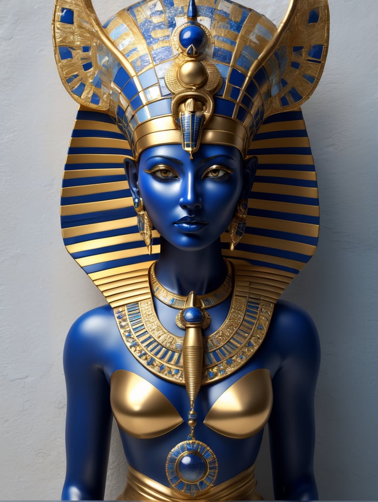 mythology goddess creature with Tutankhamen mask made of azulejo’s white and blue, gothic, gold, Neoclassical, elegant, beauty, antique classical, masterpiece, Canon50, Beautiful Lighting, Sad, highly detailed, detailed facial features, unreal engine, Octane Render, very detailed eyes, symmetrical eyes, mythology, hd, 3d, hq,