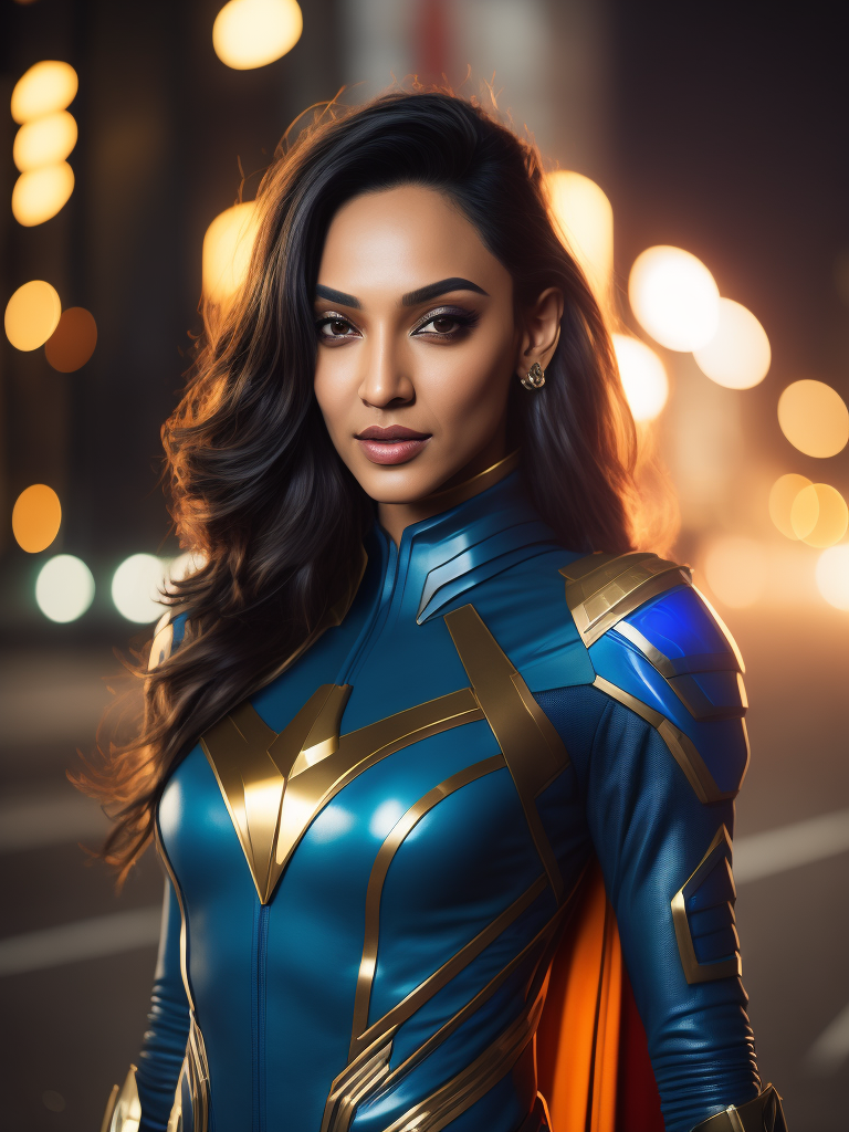 Potrait of Kiara Advani wearing a futuristic superhero outfit from year 2100, highly detailed, vogue, sharp focus, dramatic lighting, depth of field, incredibly high detailed, blurred background