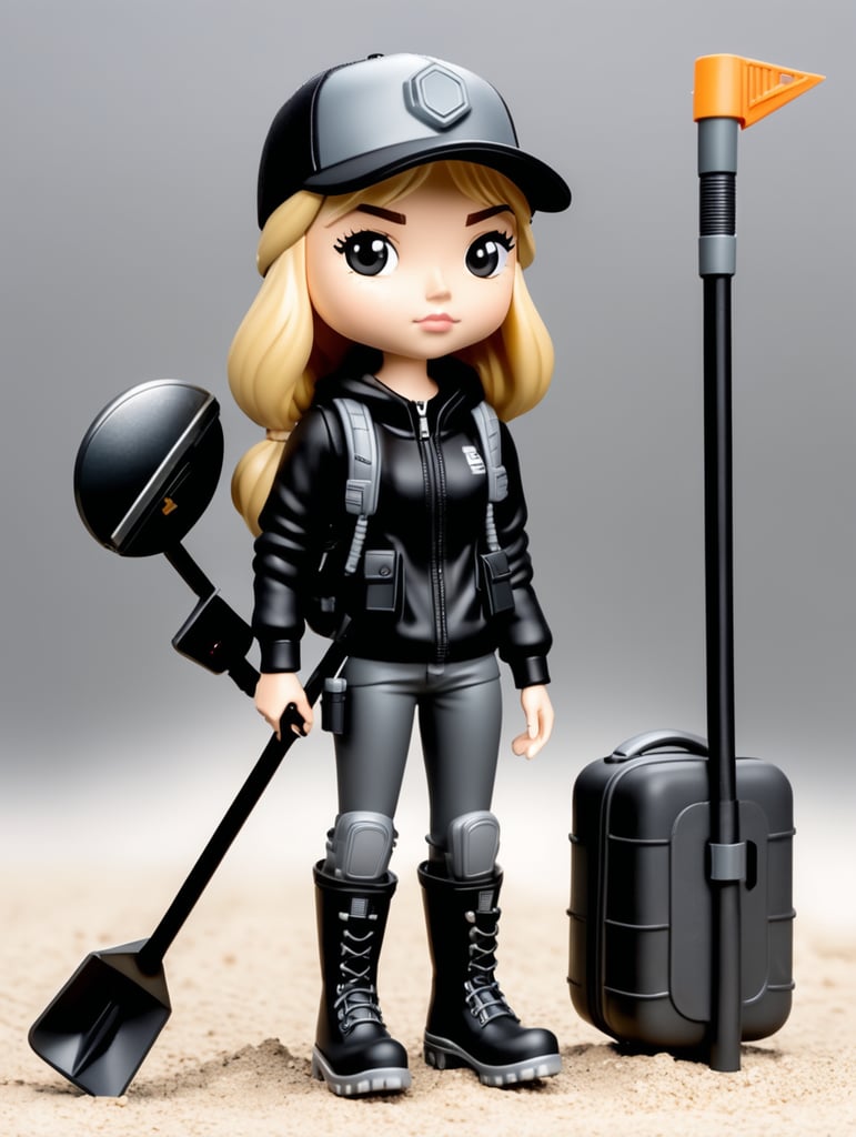 Female funko pop character with shoulder length straight blonde hair wearing black cap and black clothes with grey wellies and headphones on holding a metal detector and spade with a bag around the waist